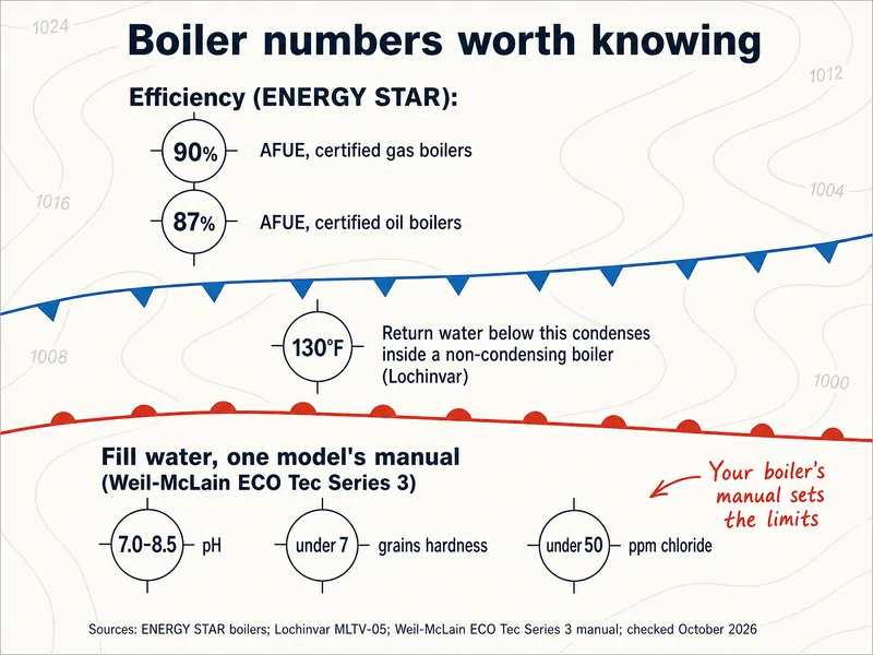 Boiler numbers worth knowing. Efficiency (ENERGY STAR): 90% AFUE, certified gas boilers; 87% AFUE, certified oil boilers. 130°F: return water below this condenses inside a non-condensing boiler (Lochinvar). Fill water, one model's manual (Weil-McLain ECO Tec Series 3): pH 7.0 to 8.5; under 7 grains hardness; under 50 ppm chloride. Note: your boiler's manual sets the limits. Sources: ENERGY STAR boilers, Lochinvar MLTV-05, Weil-McLain ECO Tec Series 3 manual, checked October 2026.