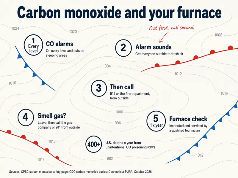 Carbon monoxide and your furnace: CO alarms on every level and outside sleeping areas (CPSC); if an alarm sounds, get everyone outside to fresh air (out first, call second), then call 911 or the fire department; if you smell gas, leave and call the gas company or 911 from outside; furnace inspected and serviced every year by a qualified technician; more than 400 U.S. deaths a year from unintentional CO poisoning (CDC). Sources: CPSC CO safety page, CDC CO basics, Connecticut PURA, October 2026.