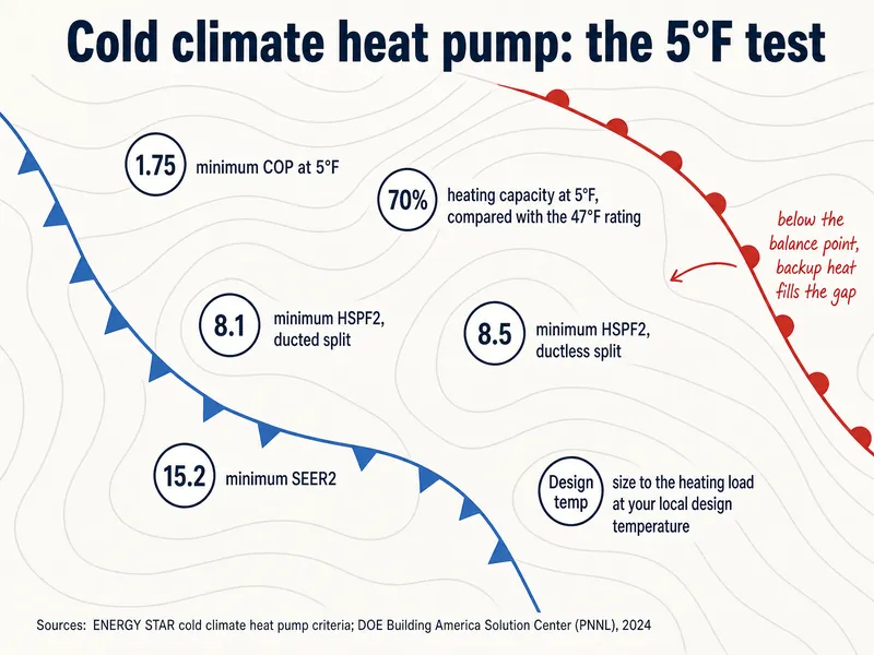Cold climate heat pump: the 5°F test. 1.75 minimum COP at 5°F; 70% heating capacity at 5°F compared with the 47°F rating; 8.1 minimum HSPF2 for a ducted split; 8.5 minimum HSPF2 for a ductless split; 15.2 minimum SEER2; size to the heating load at your local design temperature. Note: below the balance point, backup heat fills the gap. Sources: ENERGY STAR cold climate heat pump criteria; DOE Building America Solution Center (PNNL), 2024.