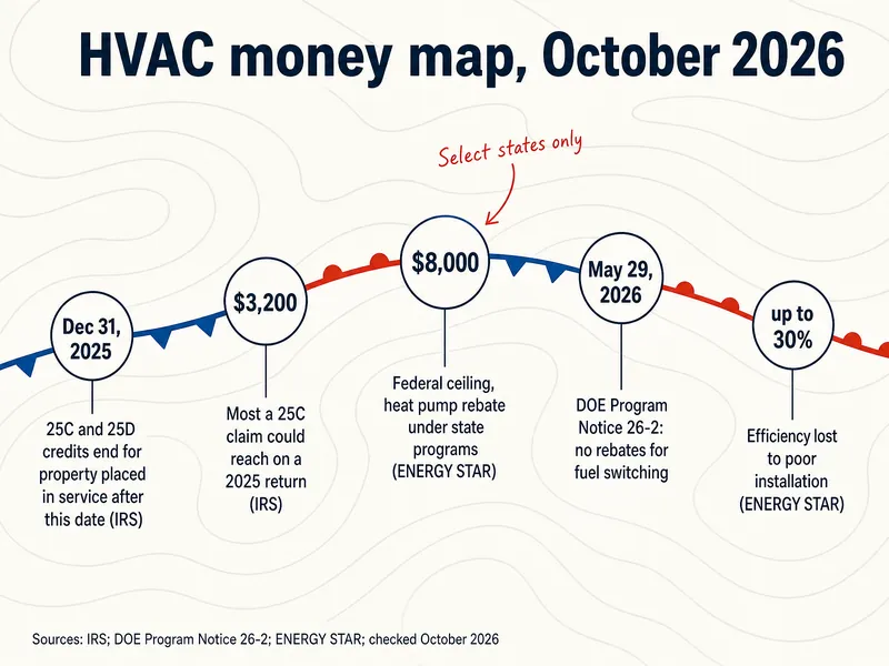 HVAC money map, October 2026. Dec 31, 2025: 25C and 25D credits end for property placed in service after this date (IRS). $3,200: most a 25C claim could reach on a 2025 return (IRS). $8,000: federal ceiling, heat pump rebate under state programs (ENERGY STAR); note: select states only. May 29, 2026: DOE Program Notice 26-2, no rebates for fuel switching. Up to 30%: efficiency lost to poor installation (ENERGY STAR). Sources: IRS, DOE Program Notice 26-2, ENERGY STAR, checked October 2026.