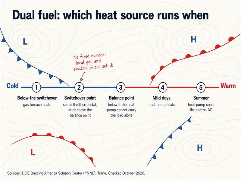 Dual fuel: which heat source runs when. An outdoor temperature line from cold to warm with five markers: below the switchover, gas furnace heats; switchover point, set at the thermostat at or above the balance point, with a red note that there is no fixed number because local gas and electric prices set it; balance point, below it the heat pump cannot carry the load alone; mild days, heat pump heats; summer, heat pump cools like central AC. Sources: DOE Building America Solution Center (PNNL); Trane, checked October 2026.