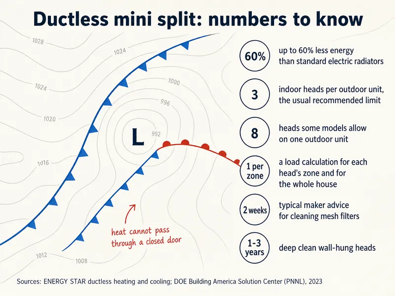 Ductless mini split: numbers to know. 60%: up to 60% less energy than standard electric radiators; 3: indoor heads per outdoor unit, the usual recommended limit; 8: heads some models allow on one outdoor unit; 1 per zone: a load calculation for each head's zone and for the whole house; 2 weeks: typical maker advice for cleaning mesh filters; 1-3 years: deep clean wall-hung heads. Note: heat cannot pass through a closed door. Sources: ENERGY STAR ductless heating and cooling; DOE Building America Solution Center (PNNL), 2023.