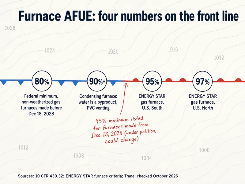 Furnace AFUE: four numbers on the front line. 80%: federal minimum for non-weatherized gas furnaces made before Dec 18, 2028. 90%+: condensing furnace, water is a byproduct, PVC venting. 95%: ENERGY STAR gas furnace, U.S. South. 97%: ENERGY STAR gas furnace, U.S. North. Note: 95% minimum listed for furnaces made from Dec 18, 2028, under petition, could change. Sources: 10 CFR 430.32, ENERGY STAR furnace criteria, Trane, checked October 2026.