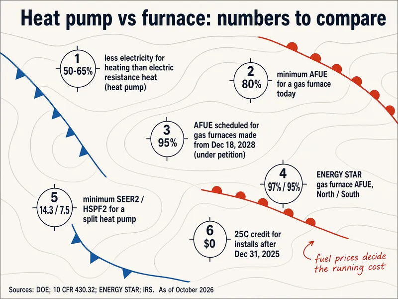 Heat pump vs furnace: numbers to compare. heat pump, 50-65% less heating electricity than electric resistance heat; 80% minimum AFUE for a gas furnace today; 95% AFUE scheduled for gas furnaces built from Dec 18, 2028, under petition; 97% / 95% ENERGY STAR gas furnace AFUE, North / South; 14.3 / 7.5 minimum SEER2 / HSPF2 for a split heat pump; $0 25C credit for installs after Dec 31, 2025. Note: fuel prices decide the running cost. Sources: DOE; 10 CFR 430.32; ENERGY STAR; IRS. As of October 2026.