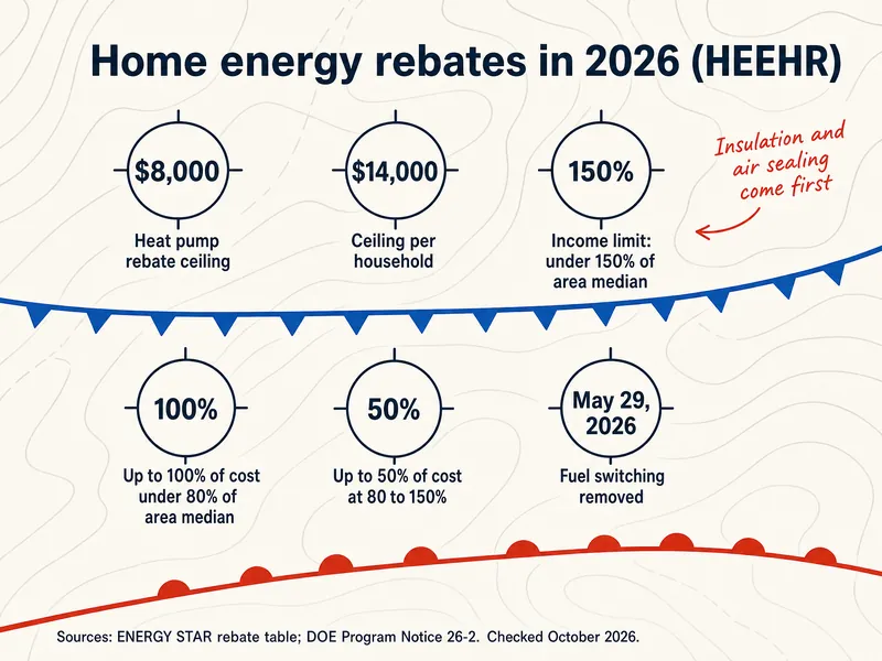 Home energy rebates in 2026 (HEEHR): $8,000 heat pump rebate ceiling; $14,000 ceiling per household; income limit under 150% of area median; up to 100% of cost under 80% of area median; up to 50% of cost at 80 to 150%; May 29, 2026: fuel switching removed. Note: insulation and air sealing come first. Sources: ENERGY STAR rebate table; DOE Program Notice 26-2. Checked October 2026.