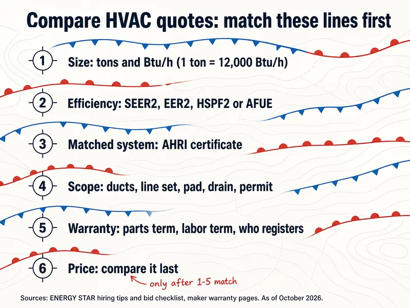Weather-map style chart titled "Compare HVAC quotes: match these lines first" with six numbered station markers: 1 Size: tons and Btu/h (1 ton = 12,000 Btu/h); 2 Efficiency: SEER2, EER2, HSPF2 or AFUE; 3 Matched system: AHRI certificate; 4 Scope: ducts, line set, pad, drain, permit; 5 Warranty: parts term, labor term, who registers; 6 Price: compare it last, with a red note "only after 1-5 match". Sources: ENERGY STAR hiring tips and bid checklist, maker warranty pages, as of October 2026.