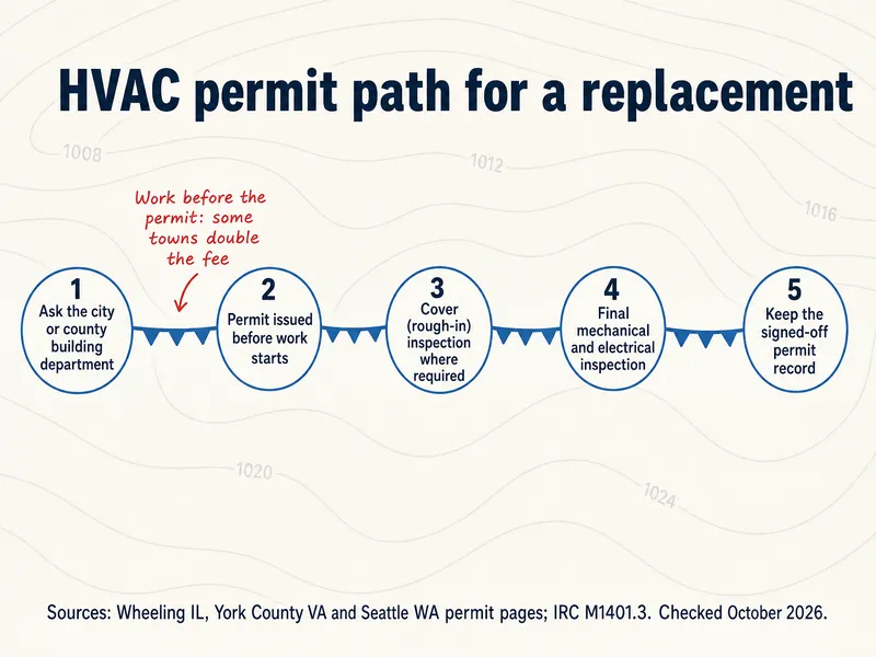 HVAC permit path for a replacement: 1 ask the city or county building department; 2 permit issued before work starts; 3 cover (rough-in) inspection where required; 4 final mechanical and electrical inspection; 5 keep the signed-off permit record. Note: work before the permit, some towns double the fee. Sources: Wheeling IL, York County VA and Seattle WA permit pages; IRC M1401.3. Checked October 2026.