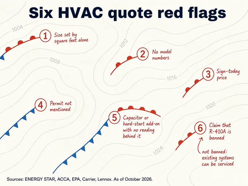 Weather-map style chart titled "Six HVAC quote red flags" with six numbered red station markers: 1 Size set by square feet alone; 2 No model numbers; 3 Sign-today price; 4 Permit not mentioned; 5 Capacitor or hard-start add-on with no reading behind it; 6 Claim of an R-410A ban, with a red note "not banned: existing systems can be serviced". Sources: ENERGY STAR, ACCA, EPA, Carrier, Lennox, as of October 2026.