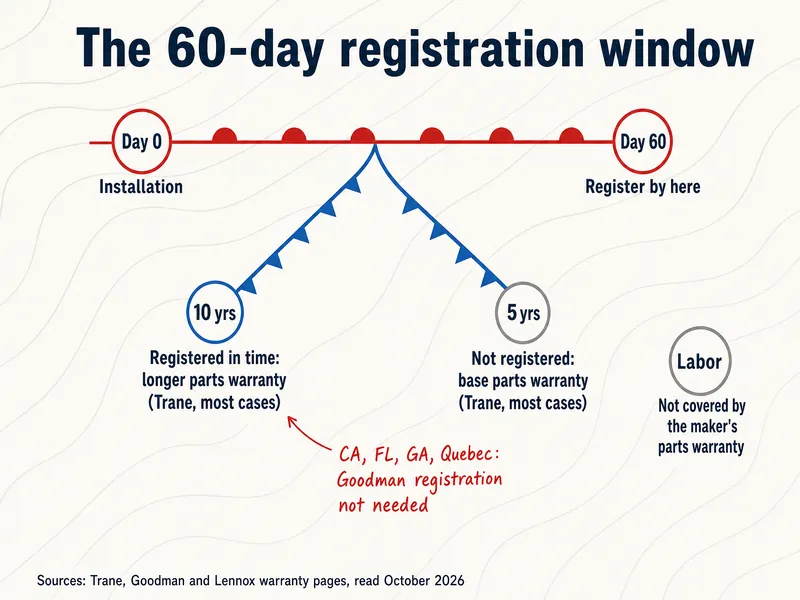 The 60-day registration window: a timeline from Day 0, installation, to Day 60, register by here. Registered in time: longer parts warranty, 10 years (Trane, most cases). Not registered: base parts warranty, 5 years (Trane, most cases). Labor: not covered by the maker's parts warranty. Note: in California, Florida, Georgia and Quebec, Goodman registration is not needed. Sources: Trane, Goodman and Lennox warranty pages, read October 2026.