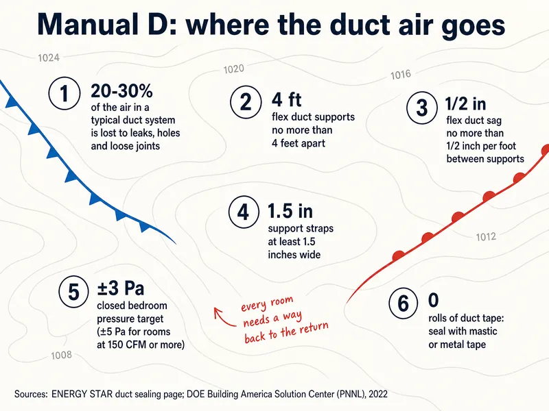 Manual D: where the duct air goes. 20-30% of the air in a typical duct system is lost to leaks, holes and loose joints; flex duct supports no more than 4 feet apart; sag no more than 1/2 inch per foot between supports; support straps at least 1.5 inches wide; closed bedroom pressure target ±3 Pa (±5 Pa for rooms at 150 CFM or more); 0 rolls of duct tape, seal with mastic or metal tape. Note: every room needs a way back to the return. Sources: ENERGY STAR duct sealing page; DOE Building America Solution Center (PNNL), 2022.