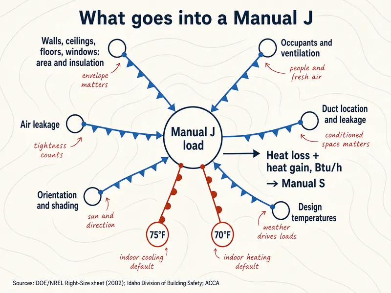 What goes into a Manual J: a central Manual J load produces heat loss plus heat gain in Btu/h, which goes to Manual S. Inputs, each with a note: walls, ceilings, floors and windows with area and insulation (envelope matters); air leakage (tightness counts); orientation and shading (sun and direction); occupants and ventilation (people and fresh air); duct location and leakage (conditioned space matters); design temperatures (weather drives loads). Key numbers: 75°F indoor cooling default and 70°F indoor heating default. Sources: DOE/NREL Right-Size sheet (2002); Idaho Division of Building Safety; ACCA.