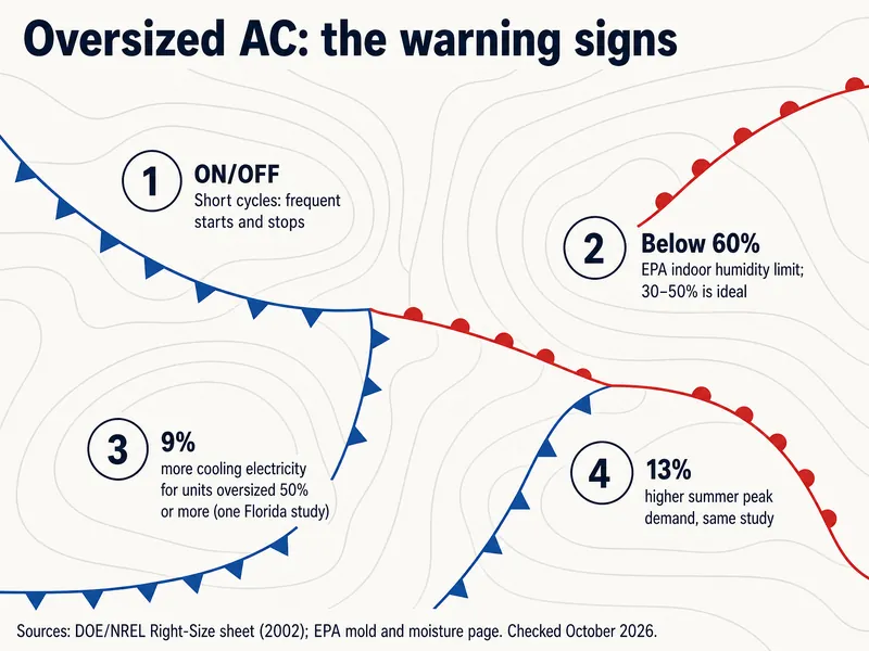 Oversized AC: the warning signs. ON/OFF: short cycles with frequent starts and stops. Below 60%: EPA indoor humidity limit, with 30–50% ideal. 9%: more cooling electricity for units oversized 50% or more (one Florida study). 13%: higher summer peak demand in the same study. Sources: DOE/NREL Right-Size sheet (2002); EPA mold and moisture page, checked October 2026.
