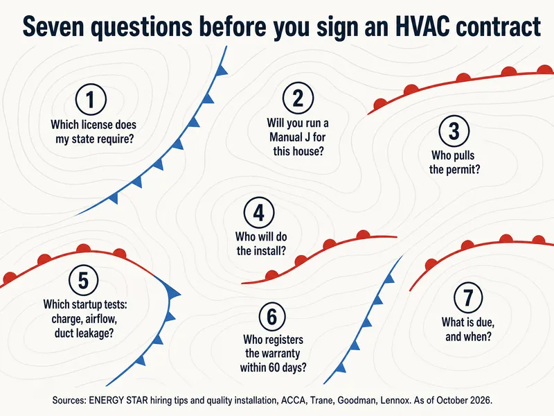 Weather-map style chart titled "Seven questions before you sign an HVAC contract" with seven numbered station markers: 1 Which license does my state require; 2 Will you run a Manual J for this house; 3 Who pulls the permit; 4 Who will do the install; 5 Which startup tests: charge, airflow, duct leakage; 6 Who registers the warranty within 60 days; 7 What is due, and when. Sources: ENERGY STAR hiring tips and quality installation, ACCA, Trane, Goodman, Lennox, as of October 2026.