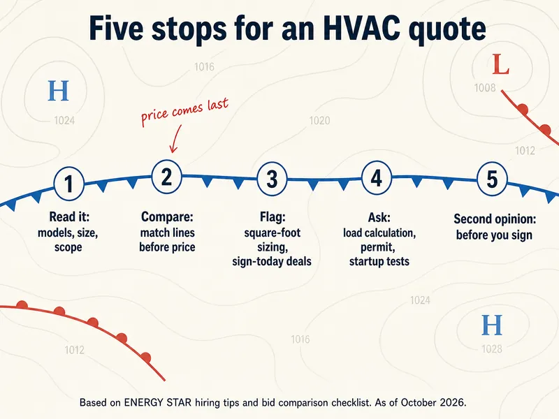 Weather-map style chart titled "Five stops for an HVAC quote": a blue front line linking five numbered station markers: 1 Read it: models, size, scope; 2 Compare: match lines before price, with a red note "price comes last"; 3 Flag: square-foot sizing, sign-today deals; 4 Ask: load calculation, permit, startup tests; 5 Second opinion: before you sign. Based on ENERGY STAR hiring tips and bid comparison checklist, as of October 2026.