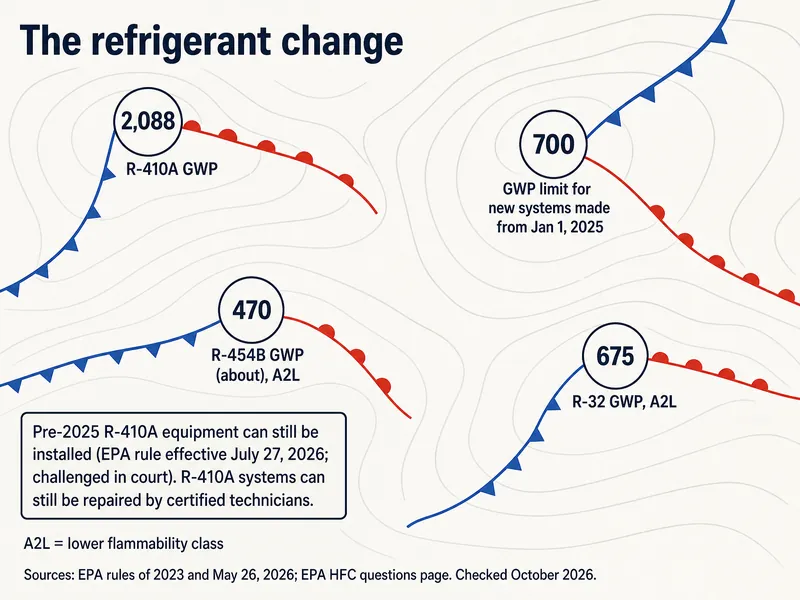 The refrigerant change: R-410A GWP 2,088; 700 GWP limit for new systems made from Jan 1, 2025; R-454B GWP about 470, A2L; R-32 GWP 675, A2L. Note: pre-2025 R-410A equipment can still be installed (EPA rule effective July 27, 2026; challenged in court), and R-410A systems can still be repaired by certified technicians. A2L = lower flammability class. Sources: EPA rules of 2023 and May 26, 2026; EPA HFC questions page, checked October 2026.