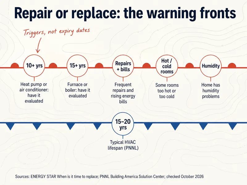Repair or replace: the warning fronts. 10+ years: heat pump or air conditioner, have it evaluated. 15+ years: furnace or boiler, have it evaluated. Repairs plus bills: frequent repairs and rising energy bills. Hot or cold rooms: some rooms too hot or too cold. Humidity: home has humidity problems. 15 to 20 years: typical HVAC lifespan (PNNL). Note: triggers, not expiry dates. Sources: ENERGY STAR When is it time to replace, PNNL Building America Solution Center, checked October 2026.