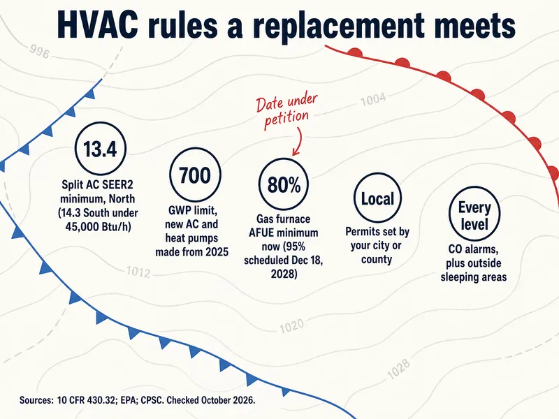 HVAC rules a replacement meets: 13.4 split AC SEER2 minimum, North (14.3 South under 45,000 Btu/h); 700 GWP limit, new AC and heat pumps made from 2025; 80% gas furnace AFUE minimum now (95% scheduled Dec 18, 2028), date under petition; permits set by your city or county; CO alarms on every level, plus outside sleeping areas. Sources: 10 CFR 430.32; EPA; CPSC. Checked October 2026.