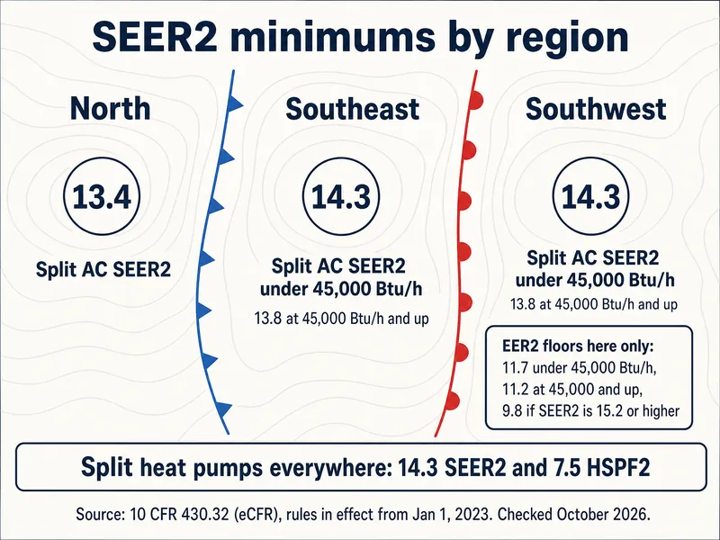 SEER2 minimums by region: North 13.4 split AC SEER2; Southeast 14.3 split AC SEER2 under 45,000 Btu/h, 13.8 at 45,000 Btu/h and up; Southwest the same 14.3 and 13.8, plus EER2 floors that apply only there: 11.7 under 45,000 Btu/h, 11.2 at 45,000 and up, 9.8 if SEER2 is 15.2 or higher; split heat pumps everywhere 14.3 SEER2 and 7.5 HSPF2. Source: 10 CFR 430.32 (eCFR), rules in effect from Jan 1, 2023, checked October 2026.