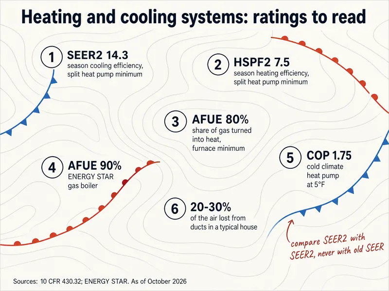 Heating and cooling systems: ratings to read. SEER2 14.3: season cooling efficiency, split heat pump minimum. HSPF2 7.5: season heating efficiency, split heat pump minimum. AFUE 80%: share of gas turned into heat, furnace minimum. AFUE 90%: ENERGY STAR gas boiler. COP 1.75: cold climate heat pump at 5°F. 20-30%: of the air lost from ducts in a typical house. Note: compare SEER2 with SEER2, never with old SEER. Sources: 10 CFR 430.32; ENERGY STAR. As of October 2026.