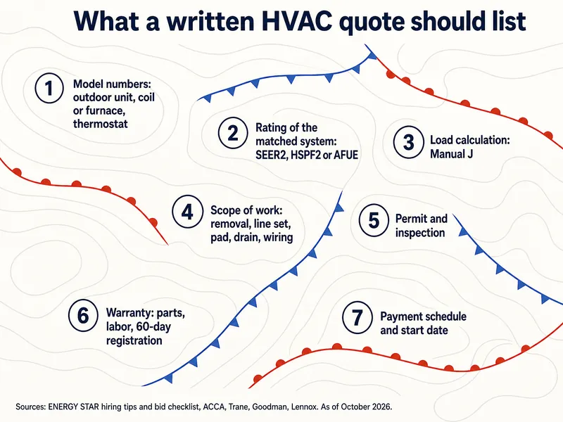 Weather-map style chart titled "What a written HVAC quote should list" with seven numbered station markers: 1 Model numbers: outdoor unit, coil or furnace, thermostat; 2 Rating of the matched system: SEER2, HSPF2 or AFUE; 3 Load calculation: Manual J; 4 Scope of work: removal, line set, pad, drain, wiring; 5 Permit and inspection; 6 Warranty: parts, labor, 60-day registration; 7 Payment schedule and start date. Credits on the chart: ENERGY STAR hiring tips and bid checklist, ACCA, Trane, Goodman, Lennox, October 2026.