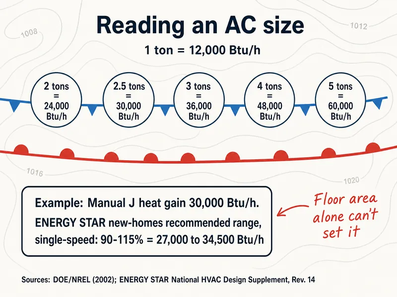 Reading an AC size: 1 ton = 12,000 Btu/h. 2 tons = 24,000 Btu/h; 2.5 tons = 30,000 Btu/h; 3 tons = 36,000 Btu/h; 4 tons = 48,000 Btu/h; 5 tons = 60,000 Btu/h. Example: Manual J heat gain 30,000 Btu/h; ENERGY STAR new-homes recommended range, single-speed: 90-115% = 27,000 to 34,500 Btu/h. Note: floor area alone can't set it. Sources: DOE/NREL (2002); ENERGY STAR new-homes design table, Rev. 14.