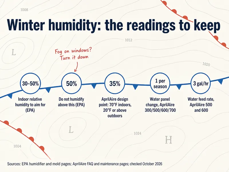 Winter humidity: the readings to keep. 30 to 50%: indoor relative humidity to aim for (EPA). 50%: do not humidify above this (EPA). 35%: AprilAire design point, 70°F indoors, 20°F or above outdoors. 1 per season: water panel change, AprilAire 300, 500, 600 and 700. 3 gal per hour: water feed rate, AprilAire 500 and 600. Note: fog on windows, turn it down. Sources: EPA humidifier and mold pages, AprilAire FAQ and maintenance pages, checked October 2026.